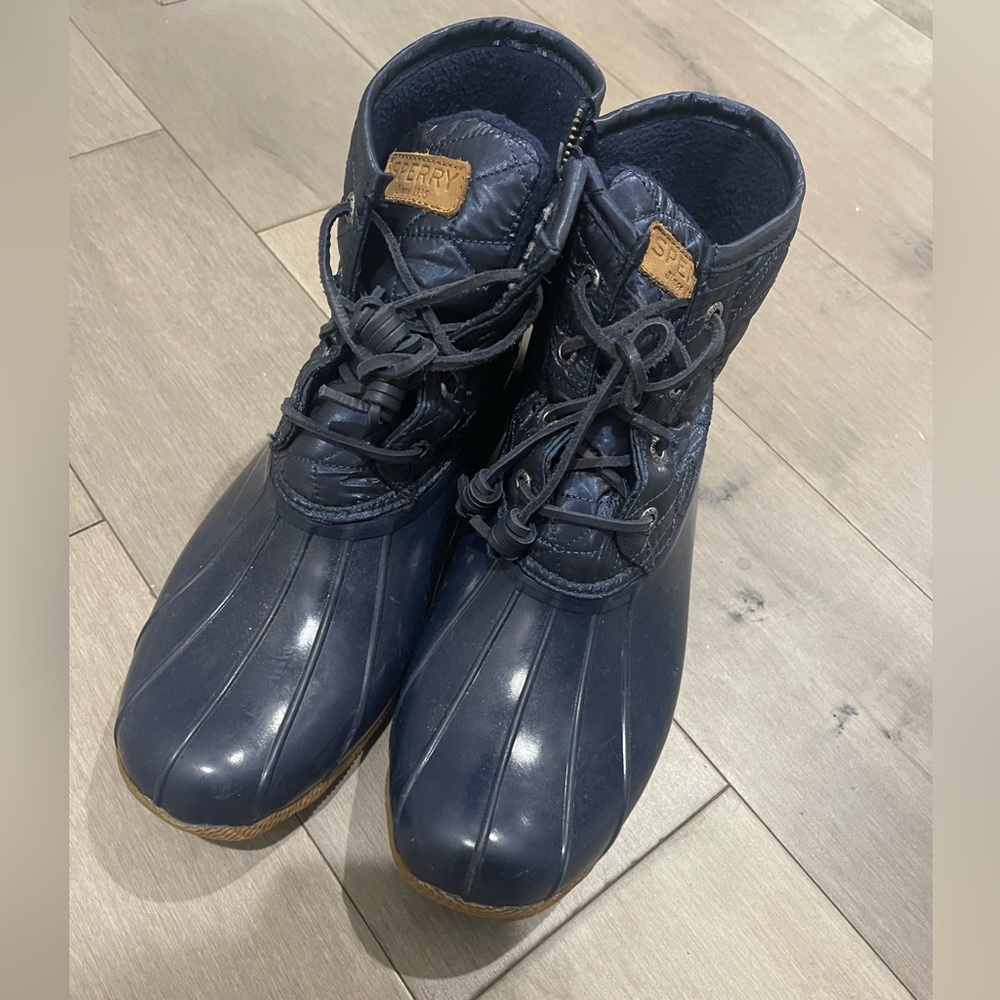 Navy blue duck boots